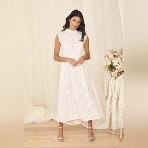 Lulus Sweetest Love Story White Lace Midi Dress Sz Small High-Low Back Cut Out